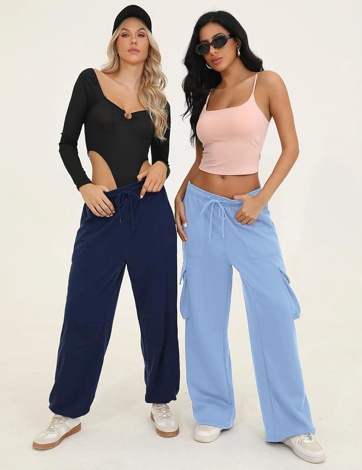 Quenteen Cargo Sweatpants for Women Fleece Straight Wide Leg Sweat Baggy Joggers Pants with Pockets