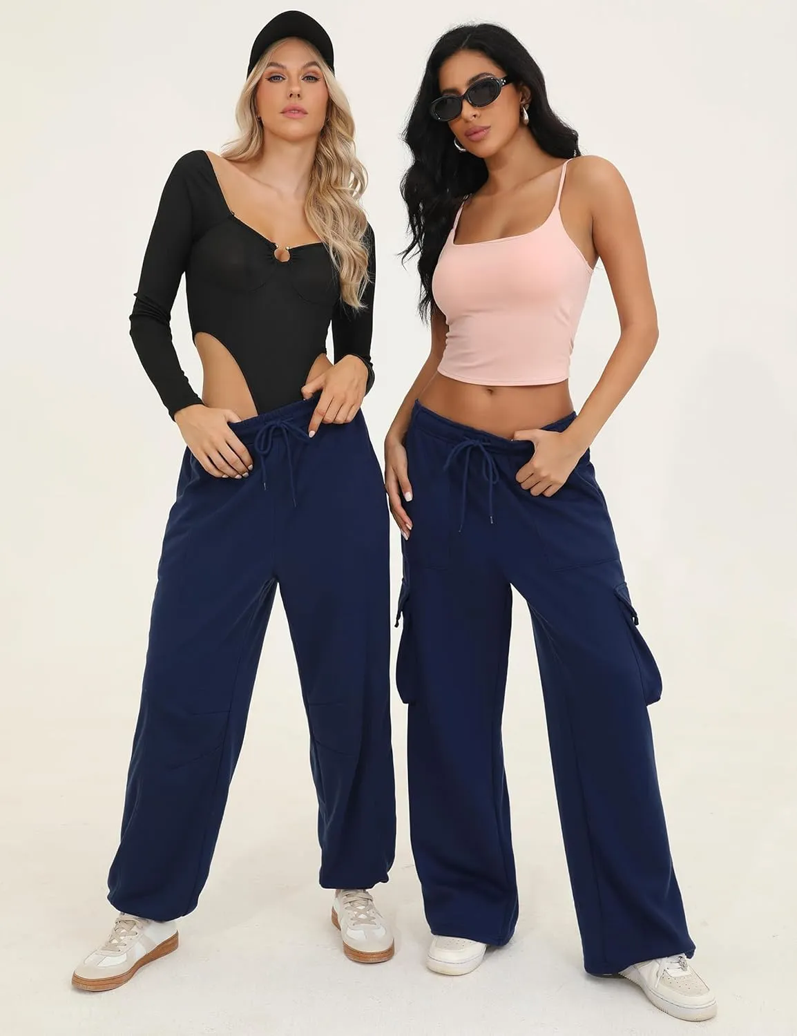 Quenteen Cargo Sweatpants for Women Fleece Straight Wide Leg Sweat Baggy Joggers Pants with Pockets