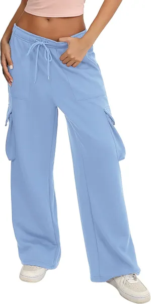 Quenteen Cargo Sweatpants for Women Fleece Straight Wide Leg Sweat Baggy Joggers Pants with Pockets