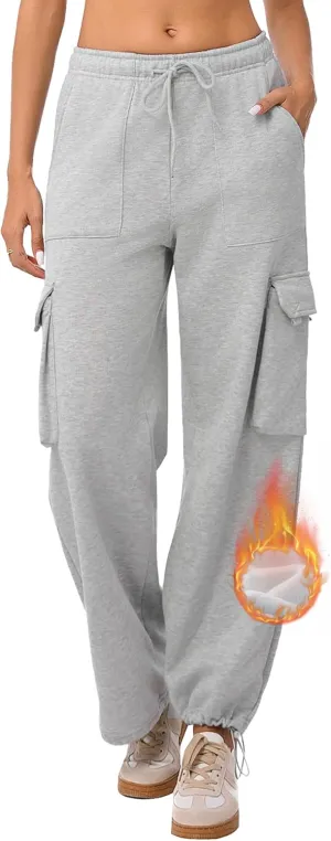 Quenteen Cargo Sweatpants for Women Fleece Straight Wide Leg Sweat Baggy Joggers Pants with Pockets