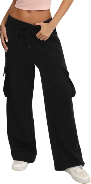 Quenteen Cargo Sweatpants for Women Fleece Straight Wide Leg Sweat Baggy Joggers Pants with Pockets