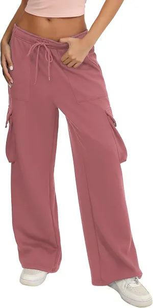 Quenteen Cargo Sweatpants for Women Fleece Straight Wide Leg Sweat Baggy Joggers Pants with Pockets