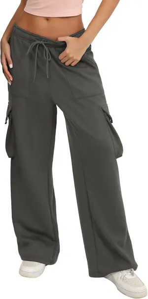 Quenteen Cargo Sweatpants for Women Fleece Straight Wide Leg Sweat Baggy Joggers Pants with Pockets