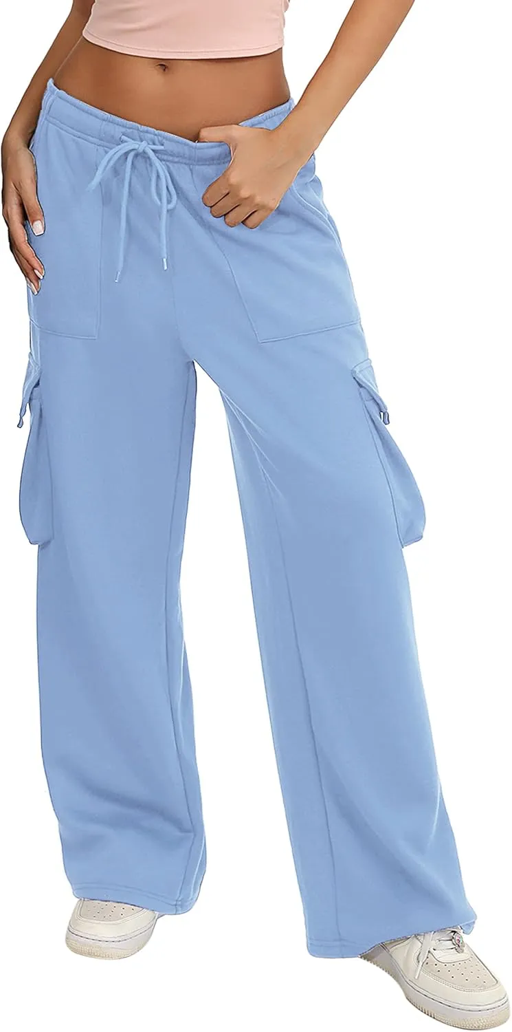 Quenteen Cargo Sweatpants for Women Fleece Straight Wide Leg Sweat Baggy Joggers Pants with Pockets
