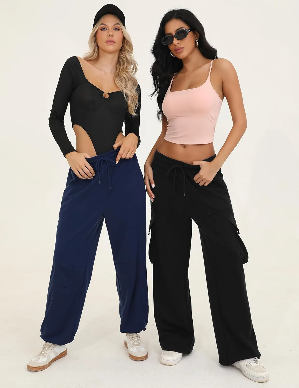 Quenteen Cargo Sweatpants for Women Fleece Straight Wide Leg Sweat Baggy Joggers Pants with Pockets