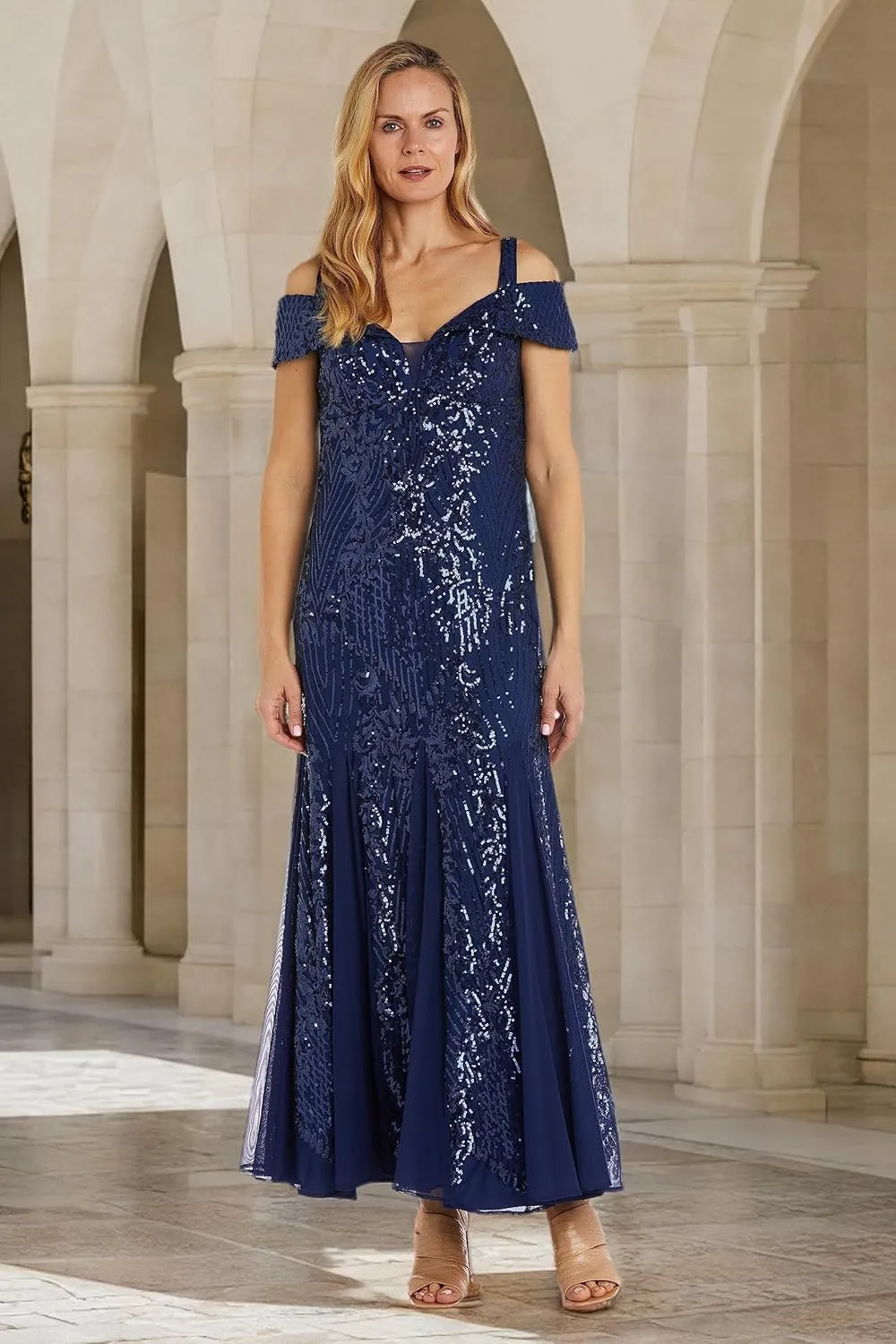 R&M Richards Womens Sequined Cold Shoulder Evening Dress