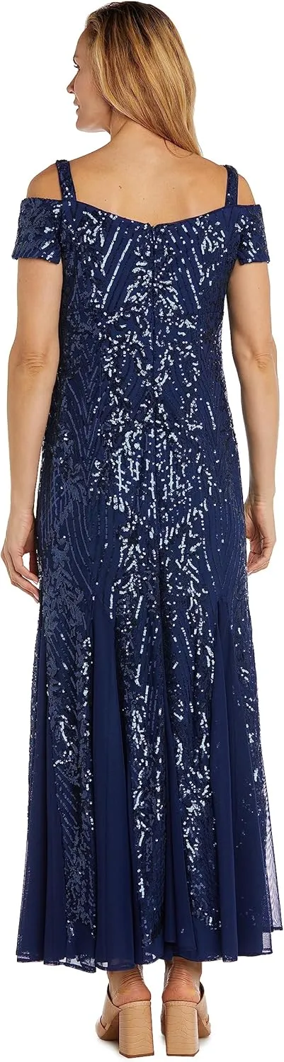 R&M Richards Womens Sequined Cold Shoulder Evening Dress