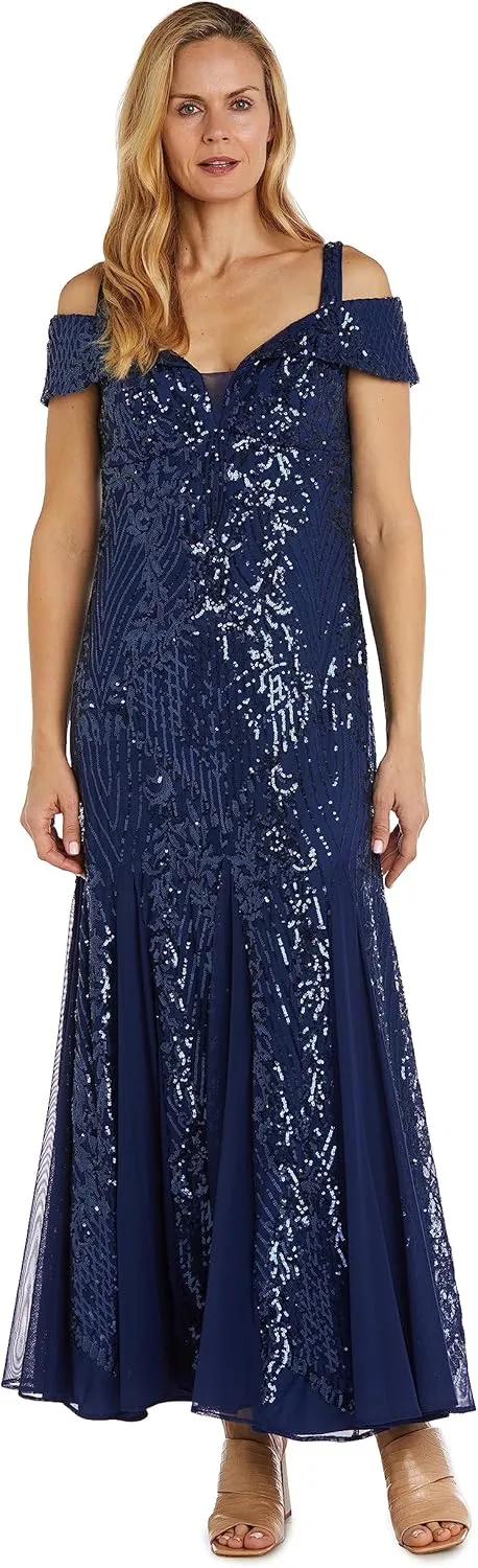 R&M Richards Womens Sequined Cold Shoulder Evening Dress