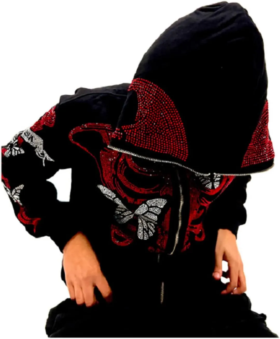 Raruxxin Women Rhinestone Y2k Hoodies Goth Punk Harajuku Jacket Skeleton Print Zip Up Pullover Oversized Vintage Streetwear