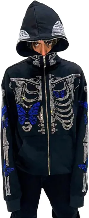 Raruxxin Women Rhinestone Y2k Hoodies Goth Punk Harajuku Jacket Skeleton Print Zip Up Pullover Oversized Vintage Streetwear