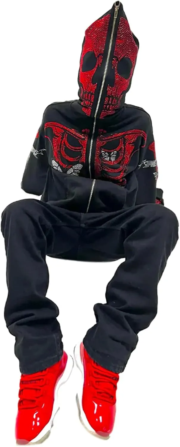Raruxxin Women Rhinestone Y2k Hoodies Goth Punk Harajuku Jacket Skeleton Print Zip Up Pullover Oversized Vintage Streetwear
