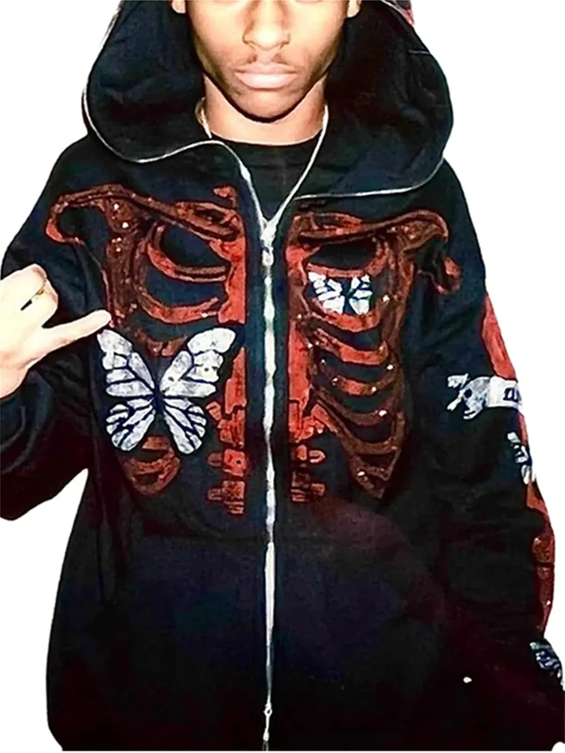 Raruxxin Women Rhinestone Y2k Hoodies Goth Punk Harajuku Jacket Skeleton Print Zip Up Pullover Oversized Vintage Streetwear