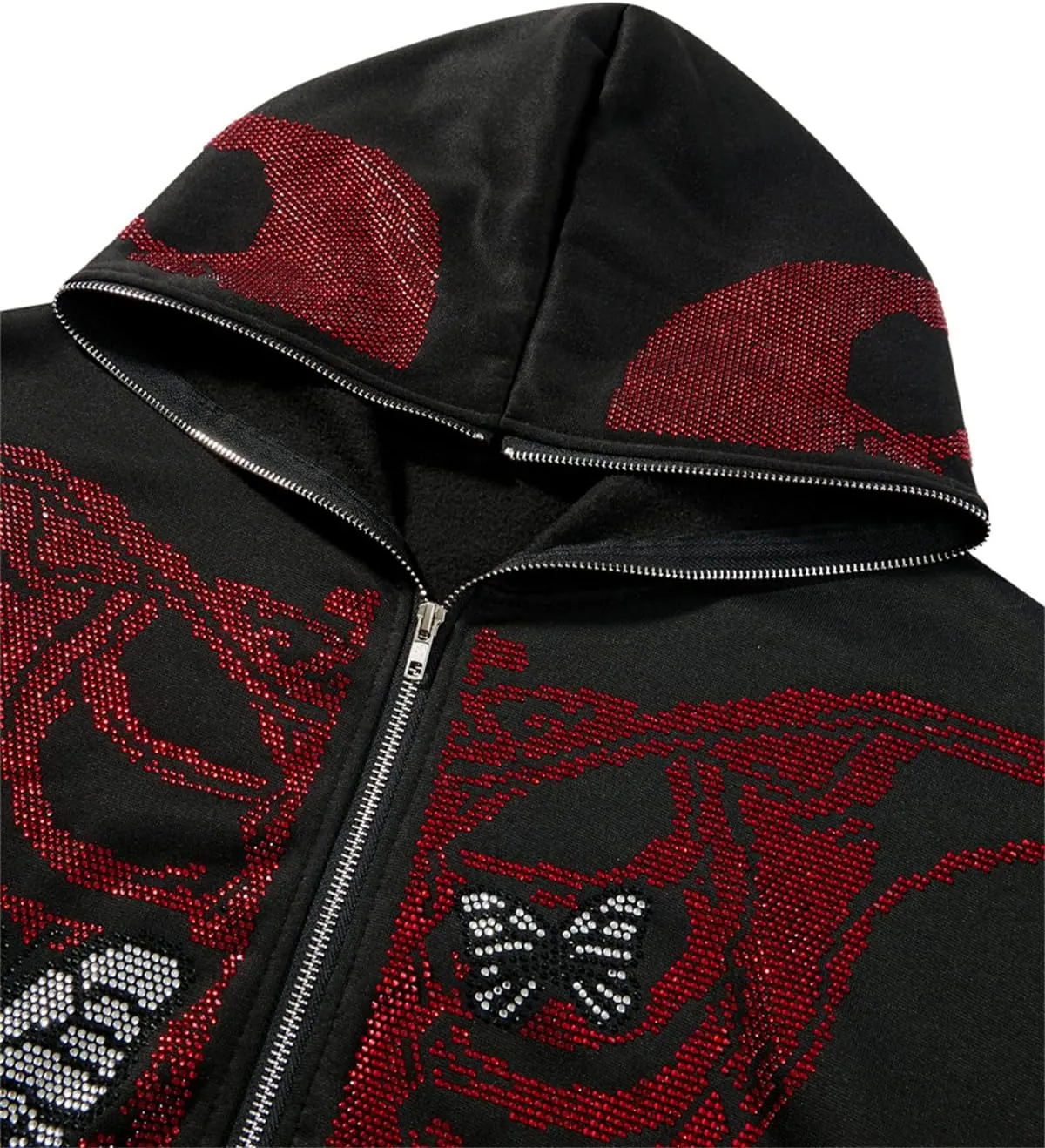 Raruxxin Women Rhinestone Y2k Hoodies Goth Punk Harajuku Jacket Skeleton Print Zip Up Pullover Oversized Vintage Streetwear