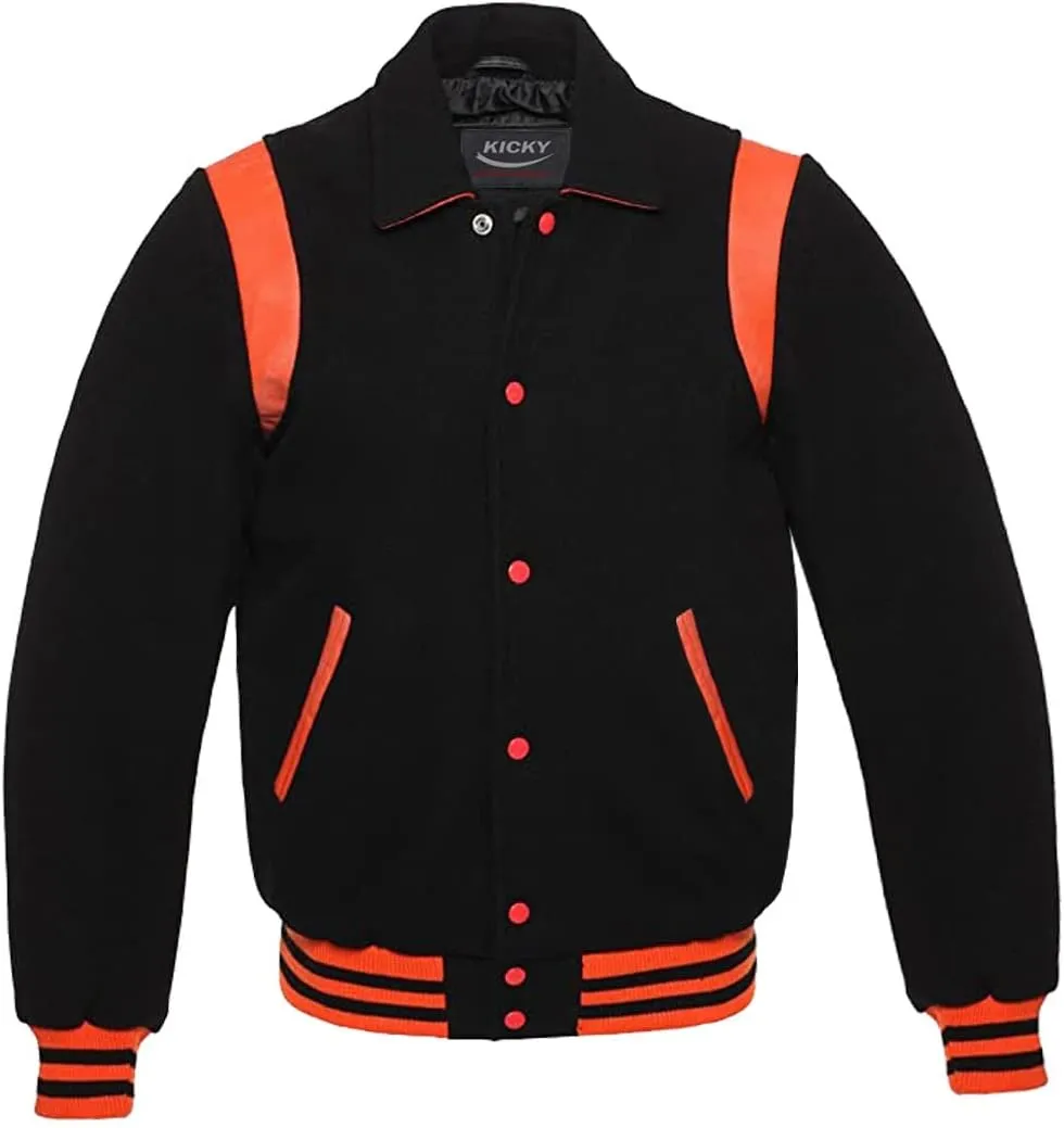Retro Varsity Letterman Jacket since DECADES, 100% Melton Wool Body, Leather Shoulder Inserts, 11 Colors Options