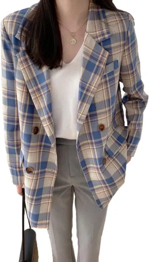 Retro Vintage Plaid Blazer Oversized for Girl, Women's Notched Lapels Double Breasted Check Blazer Jacket