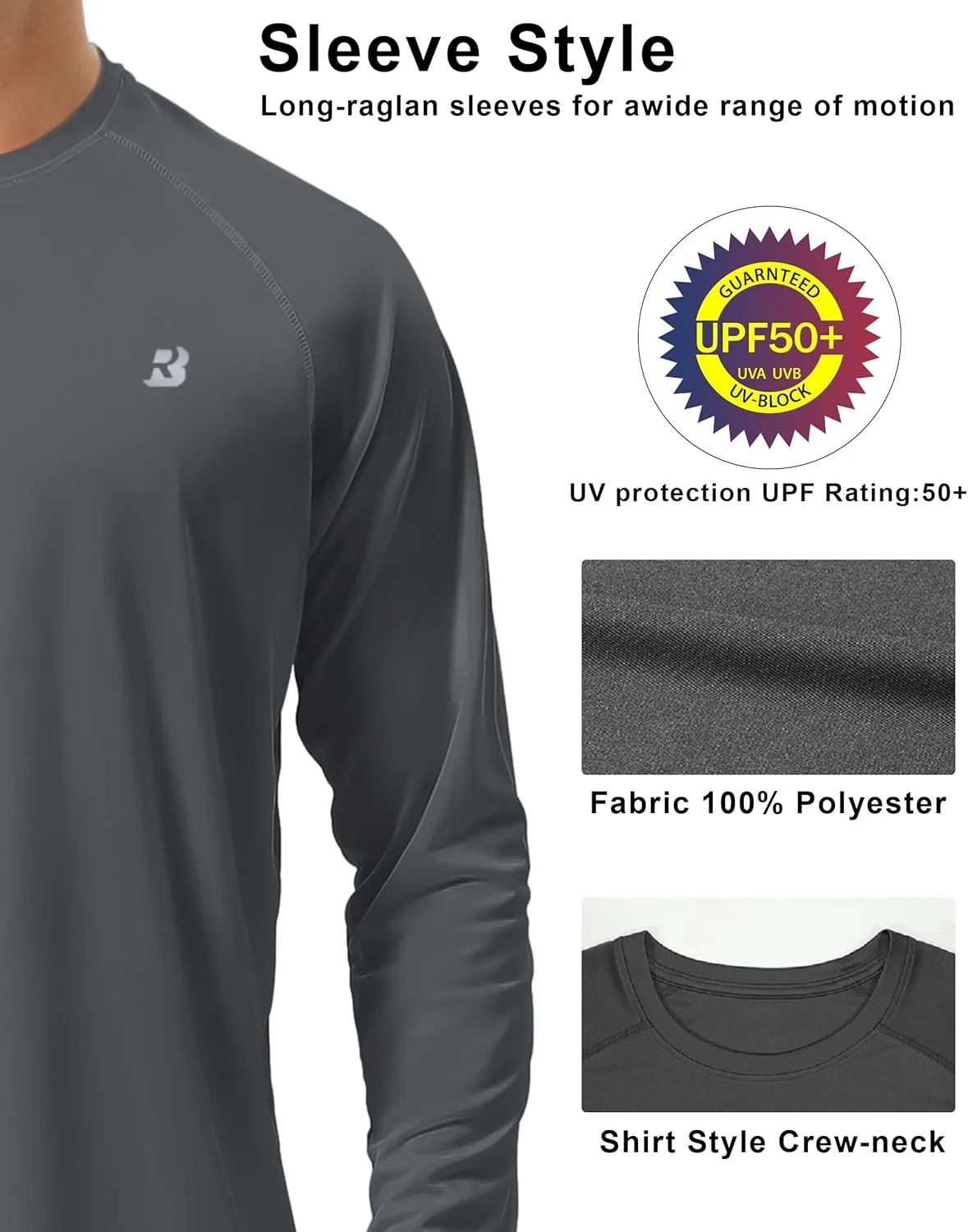 Roadbox Mens UPF 50  UV Sun Protection Shirts Outdoor Long Sleeve SPF Rash Guard for Fishing Hiking Swimming Running