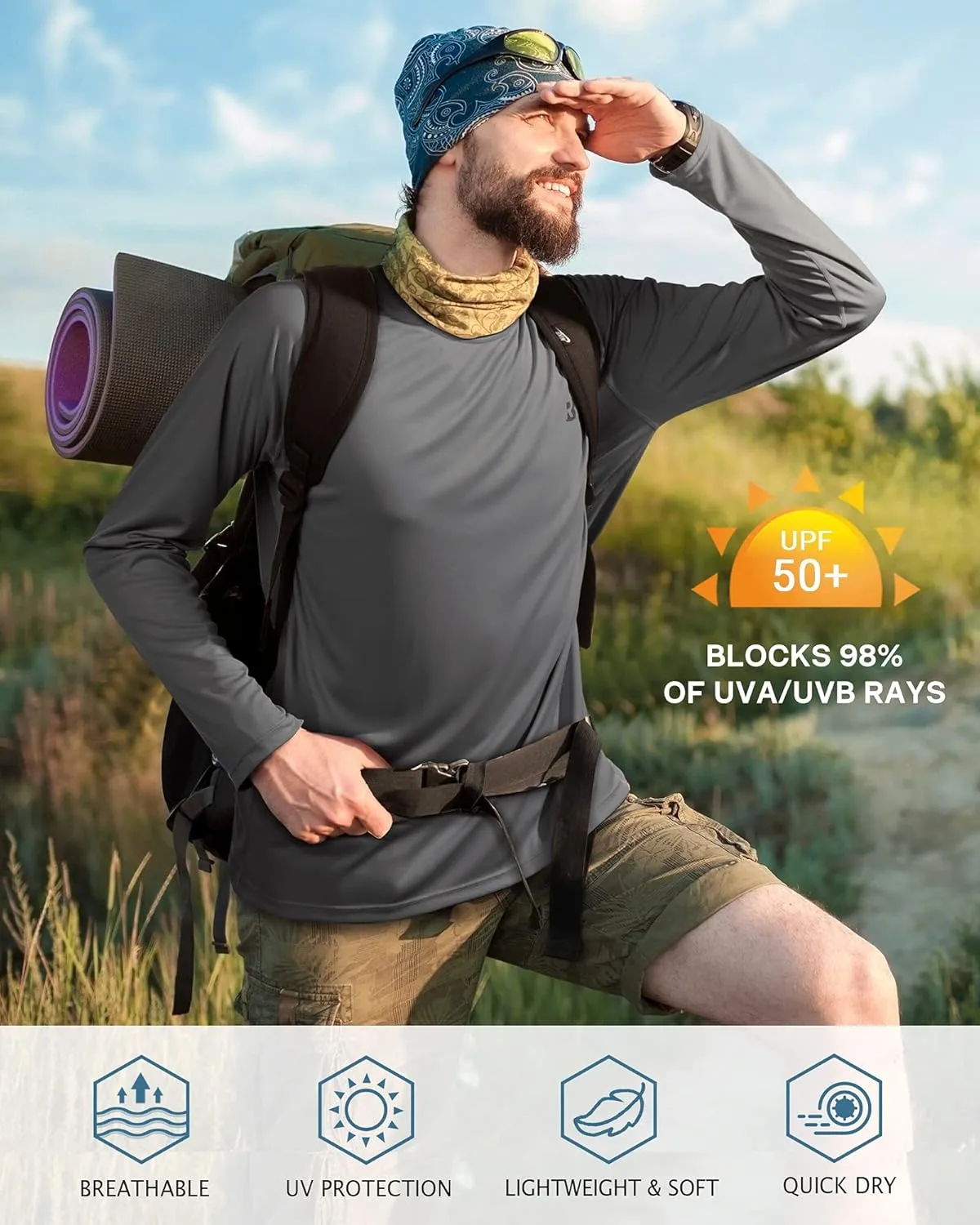 Roadbox Mens UPF 50  UV Sun Protection Shirts Outdoor Long Sleeve SPF Rash Guard for Fishing Hiking Swimming Running