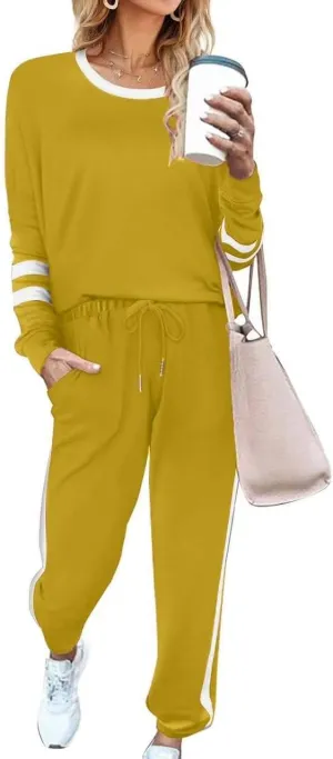 RONGTAI Women's 2Piece Sports Set,Long Sleeve Drawstring Top & Pants, Casual Round Neck Outfit for Fall, Loungewear Set