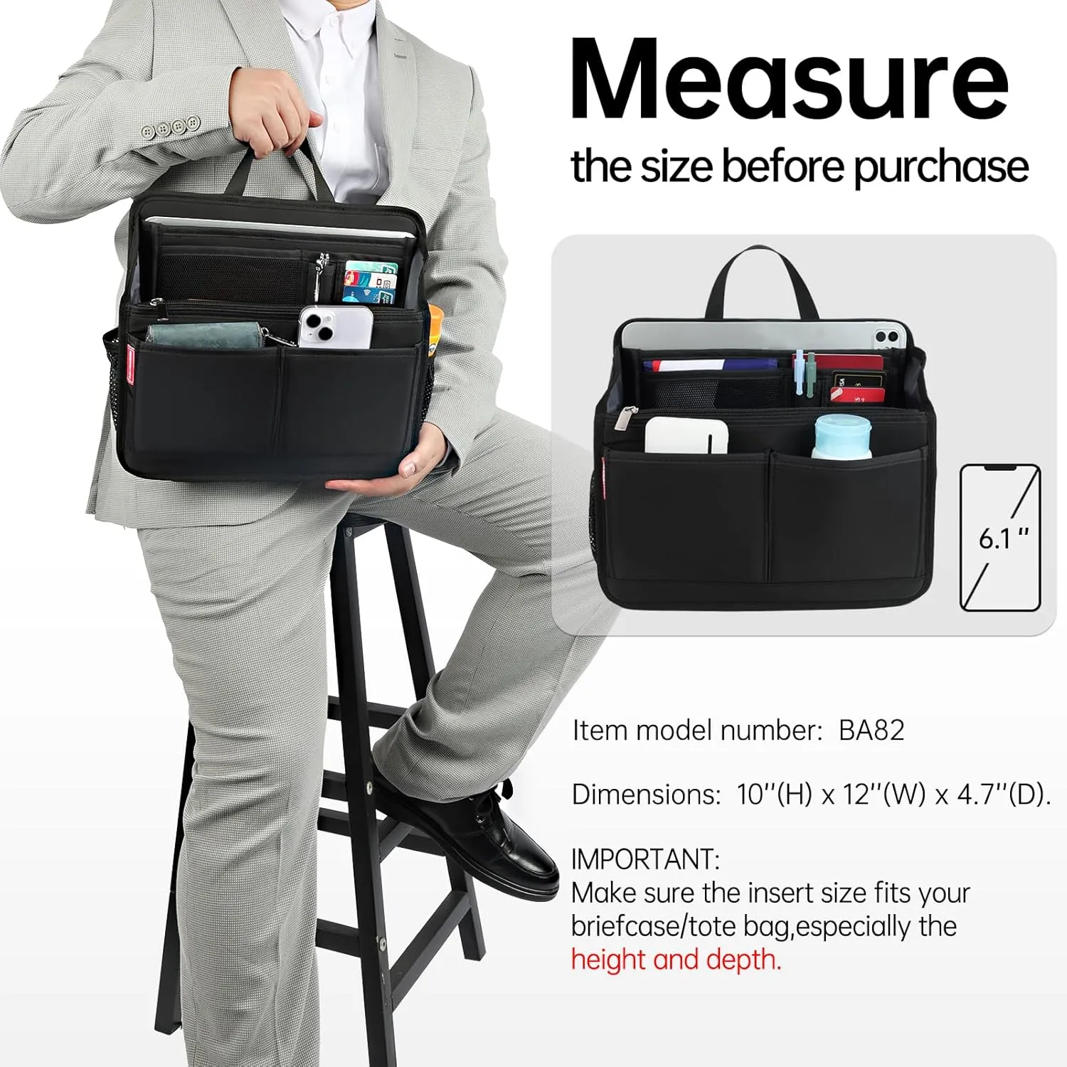 Rugged Organizer Insert for Briefcase Tote Shoulder Messenger Bag - 19 Pockets,Durable Padded Nylon,Handle (Small,Navy)