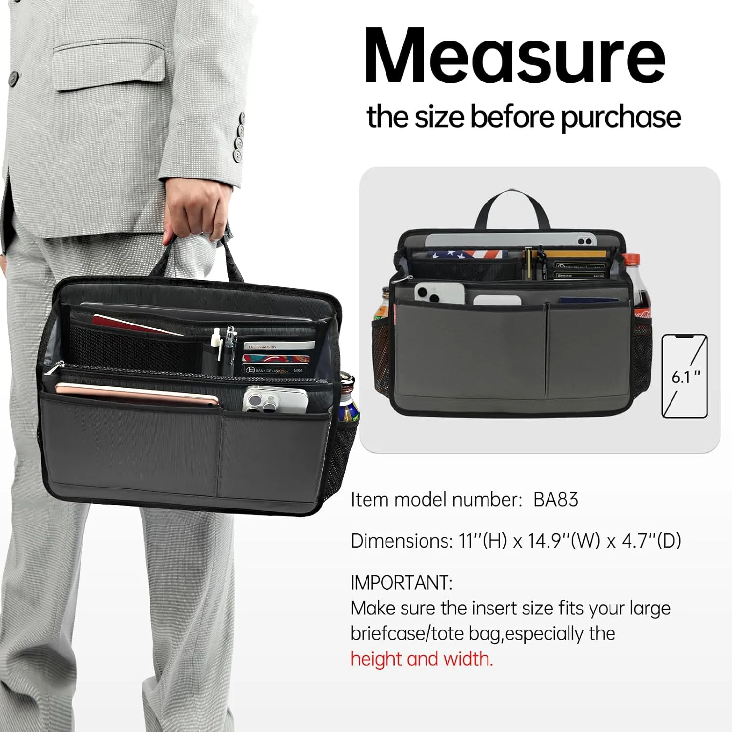 Rugged Organizer Insert for Briefcase Tote Shoulder Messenger Bag - 20 Pockets,Durable Padded Nylon,Handle(Large,Grey)