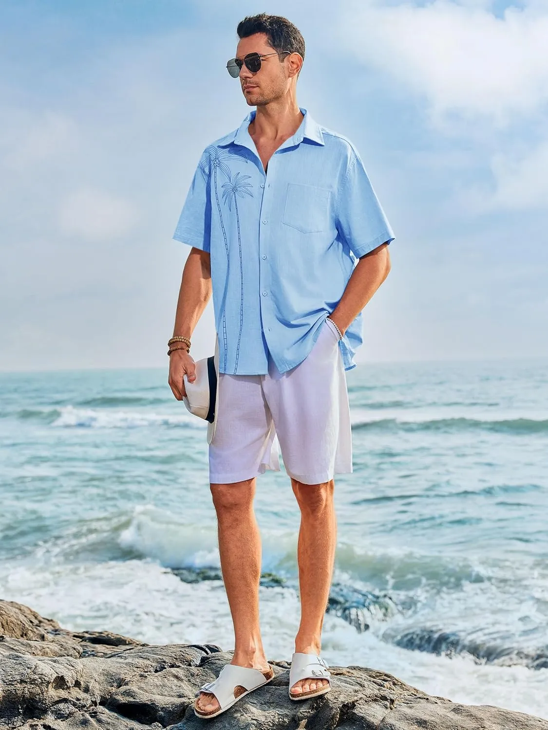 Runcati Mens Hawaiian Shirt Short Sleeve Button Down Summer Beach Vacation Cotton Linen Shirts