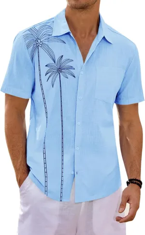 Runcati Mens Hawaiian Shirt Short Sleeve Button Down Summer Beach Vacation Cotton Linen Shirts