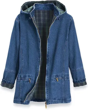 SAGEFINDS Womens Flannel Lined Denim Jacket | Detachable Hood | Zip Front and Side Pockets | 100% Cotton
