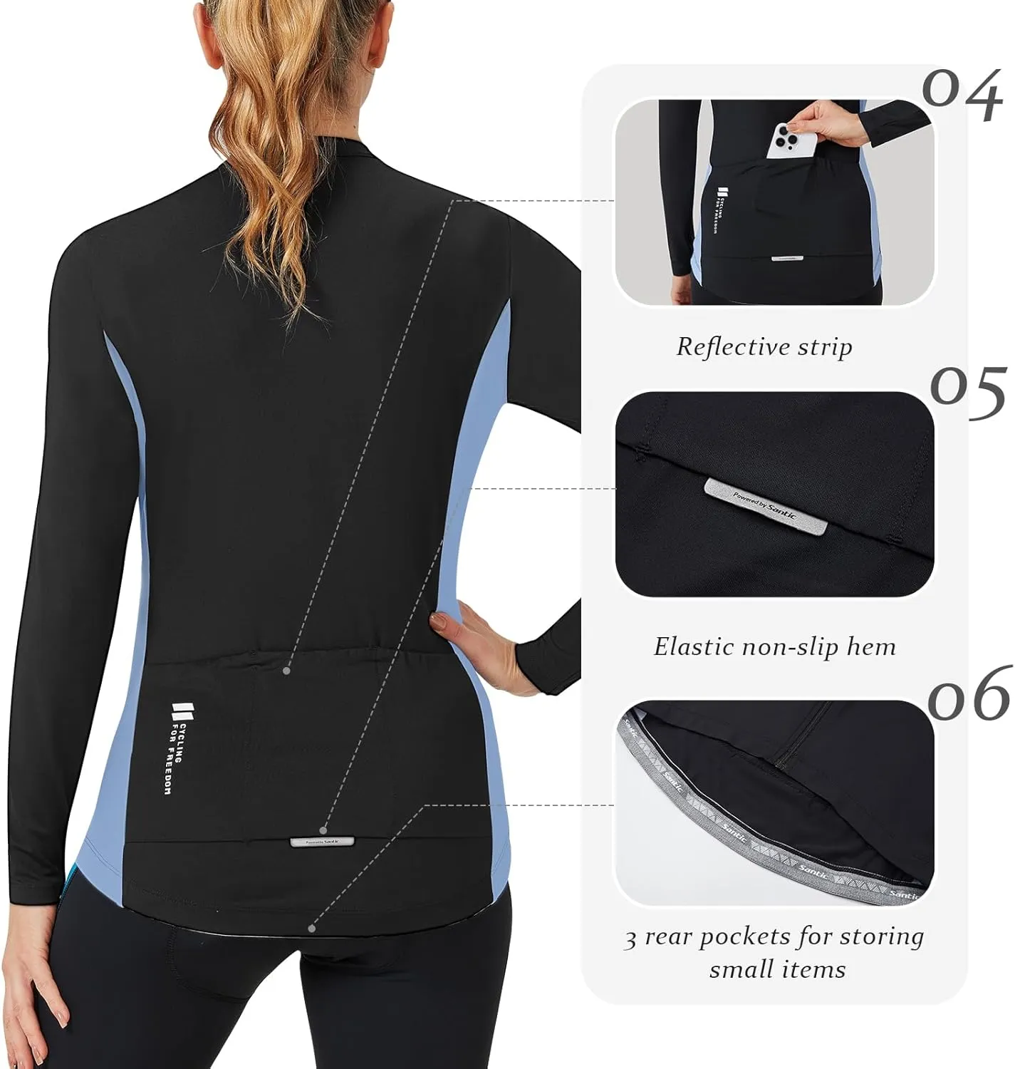 Santic Cycling Jersey Women's Long Sleeve Tops Bike Shirts Bicycle Jacket with Pockets