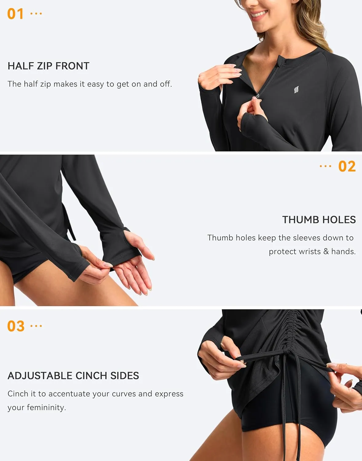 SANTINY Women's Rash Guard UPF50  SPF Long Sleeve Swimsuits Top UV Sun Protection Swim Shirts for Woman with Zip