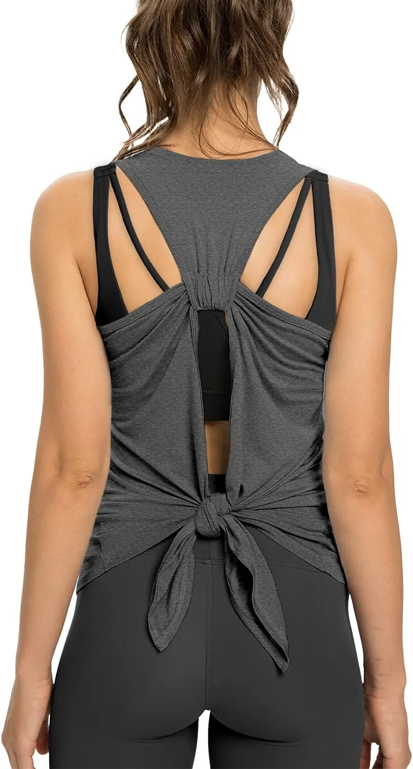 Sanutch Open Back Workout Top Backless Yoga Shirts Tie Back Workout Tank for Women