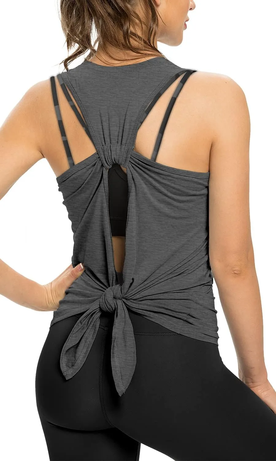 Sanutch Open Back Workout Top Backless Yoga Shirts Tie Back Workout Tank for Women