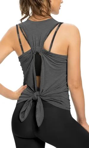 Sanutch Open Back Workout Top Backless Yoga Shirts Tie Back Workout Tank for Women