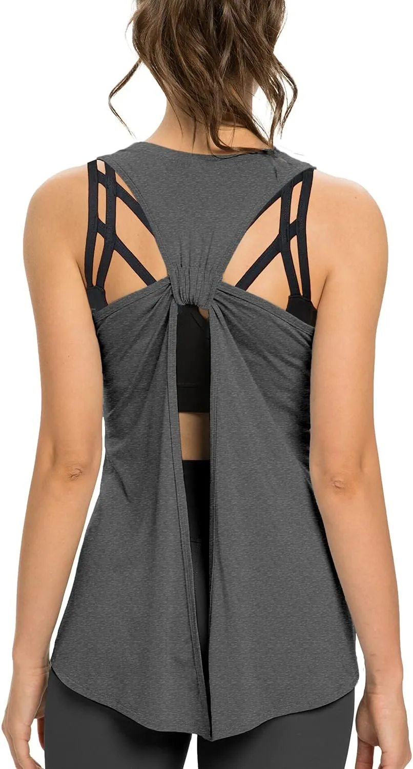 Sanutch Open Back Workout Top Backless Yoga Shirts Tie Back Workout Tank for Women