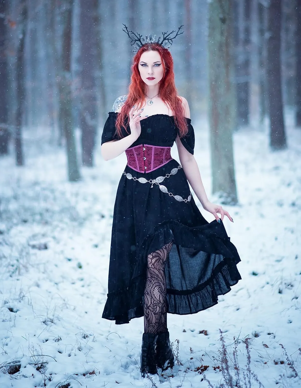 Scarlet Darkness Renaissance Midi Skirt Asymmetrical Ruffle Summer Flowy Skirt with Pockets
