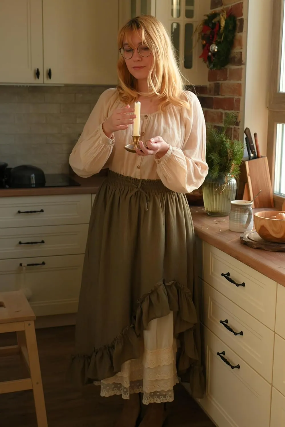 Scarlet Darkness Renaissance Midi Skirt Asymmetrical Ruffle Summer Flowy Skirt with Pockets