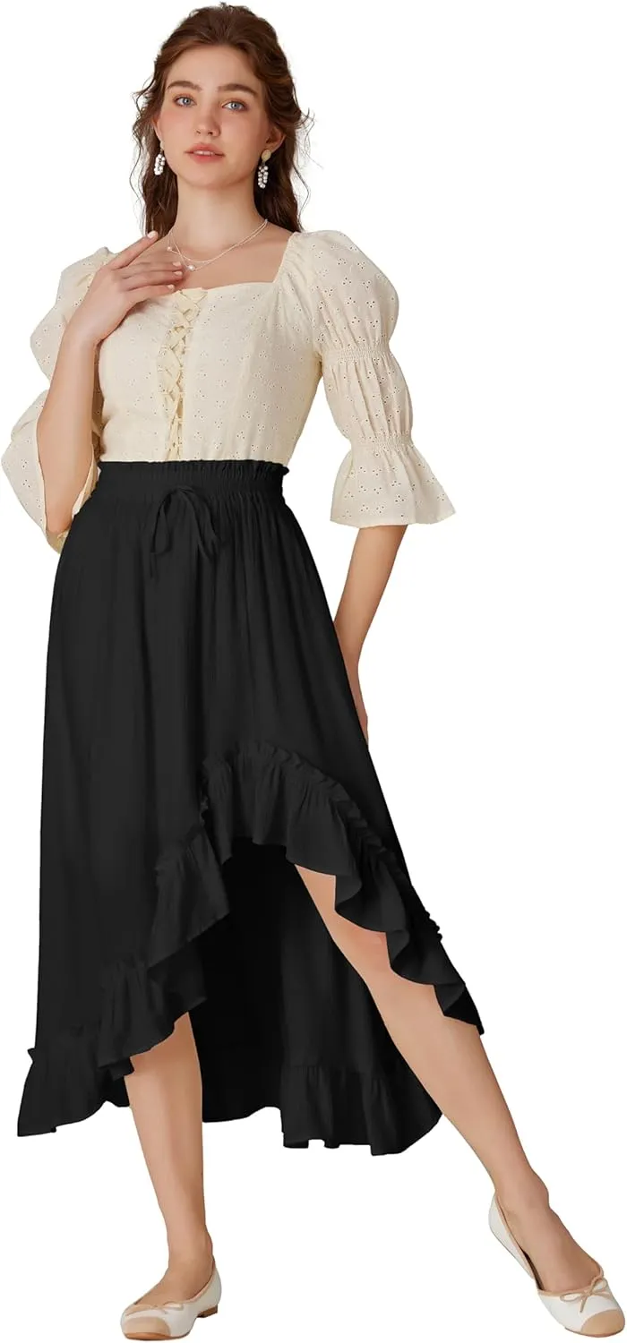 Scarlet Darkness Renaissance Midi Skirt Asymmetrical Ruffle Summer Flowy Skirt with Pockets