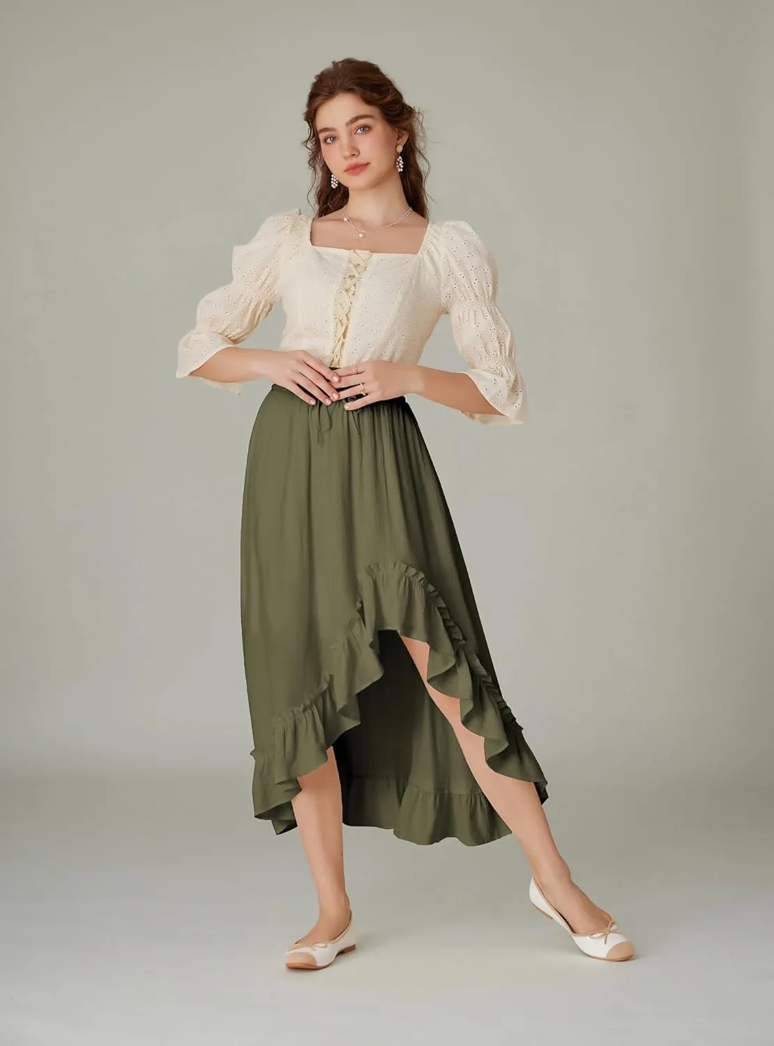 Scarlet Darkness Renaissance Midi Skirt Asymmetrical Ruffle Summer Flowy Skirt with Pockets