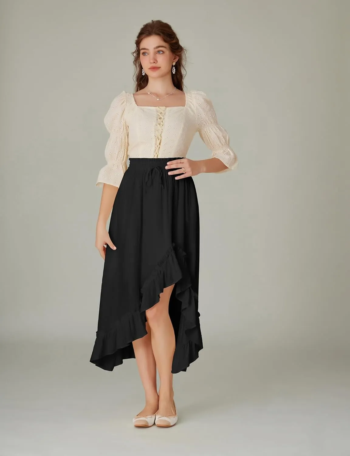 Scarlet Darkness Renaissance Midi Skirt Asymmetrical Ruffle Summer Flowy Skirt with Pockets