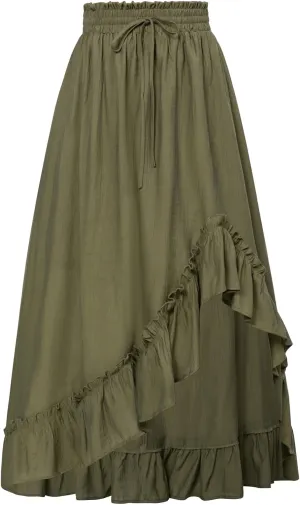 Scarlet Darkness Renaissance Midi Skirt Asymmetrical Ruffle Summer Flowy Skirt with Pockets