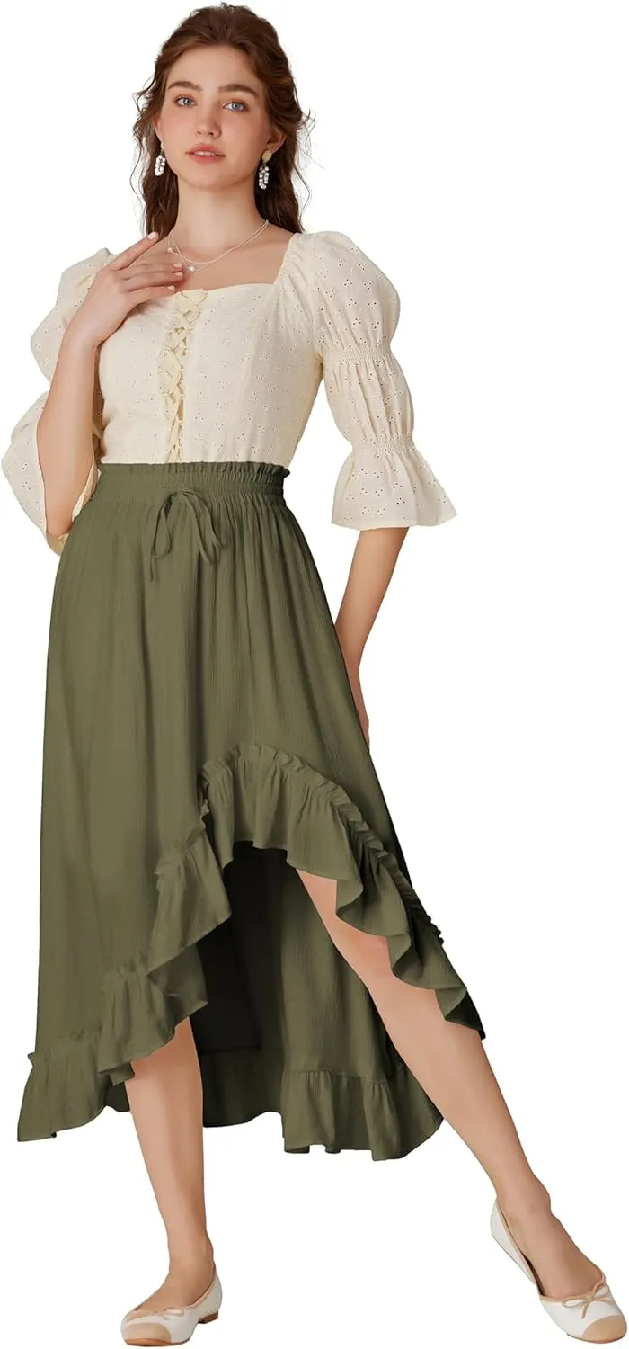Scarlet Darkness Renaissance Midi Skirt Asymmetrical Ruffle Summer Flowy Skirt with Pockets