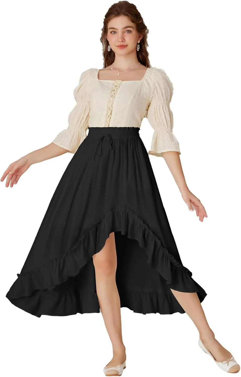 Scarlet Darkness Renaissance Midi Skirt Asymmetrical Ruffle Summer Flowy Skirt with Pockets