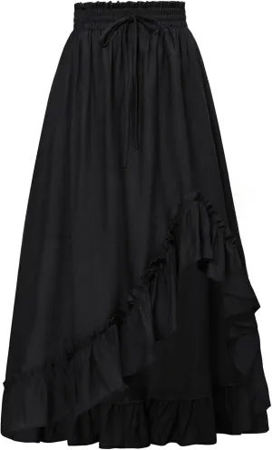 Scarlet Darkness Renaissance Midi Skirt Asymmetrical Ruffle Summer Flowy Skirt with Pockets