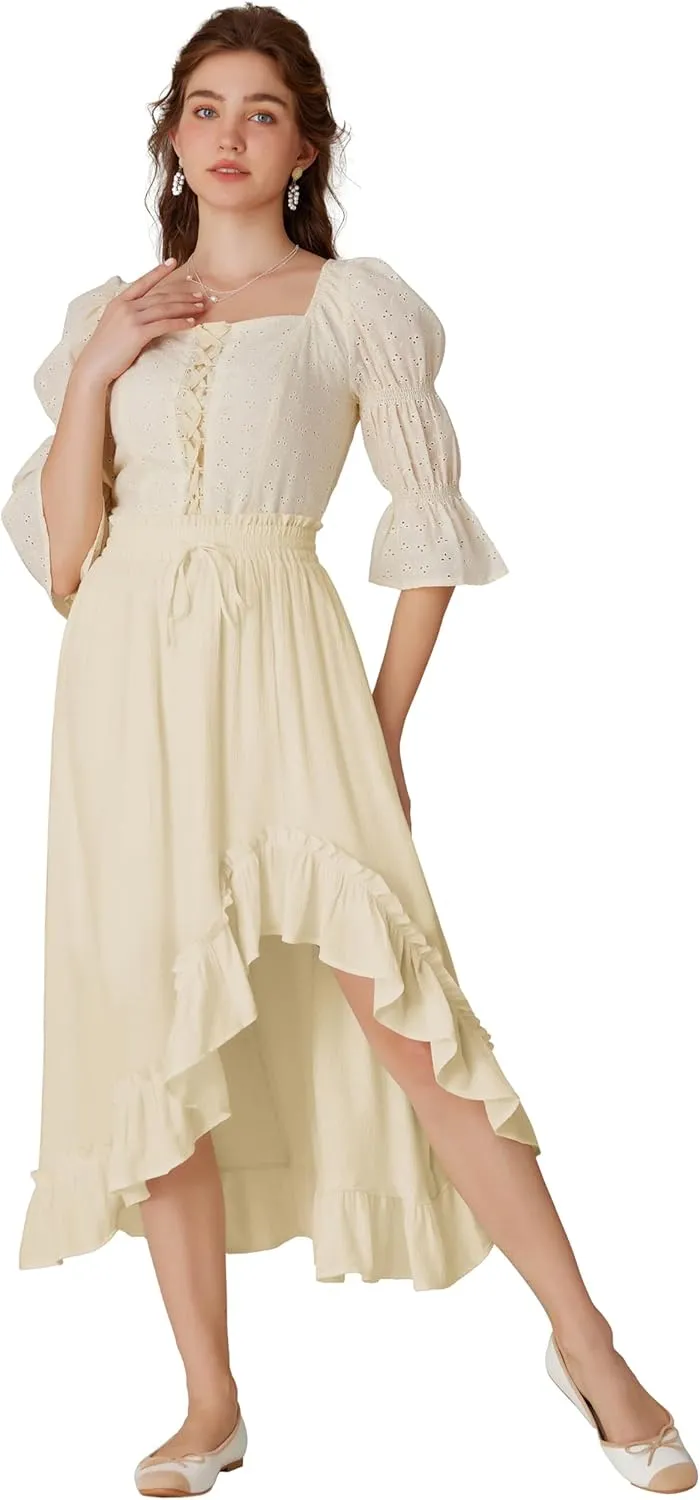 Scarlet Darkness Renaissance Midi Skirt Asymmetrical Ruffle Summer Flowy Skirt with Pockets