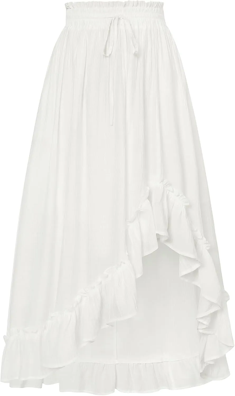 Scarlet Darkness Renaissance Midi Skirt Asymmetrical Ruffle Summer Flowy Skirt with Pockets
