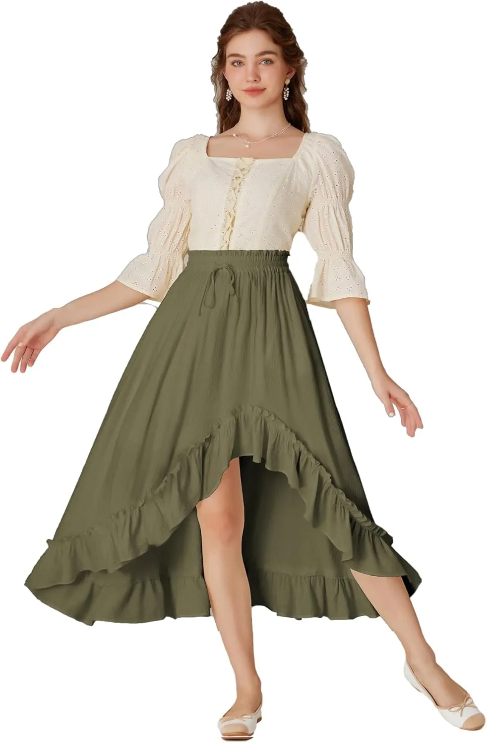 Scarlet Darkness Renaissance Midi Skirt Asymmetrical Ruffle Summer Flowy Skirt with Pockets