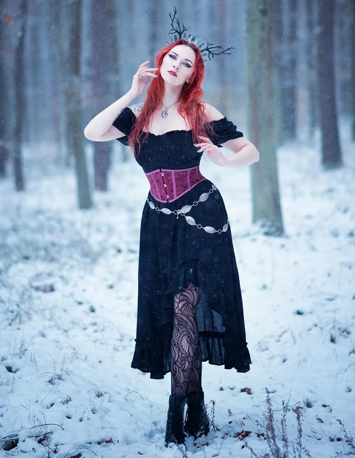 Scarlet Darkness Renaissance Midi Skirt Asymmetrical Ruffle Summer Flowy Skirt with Pockets