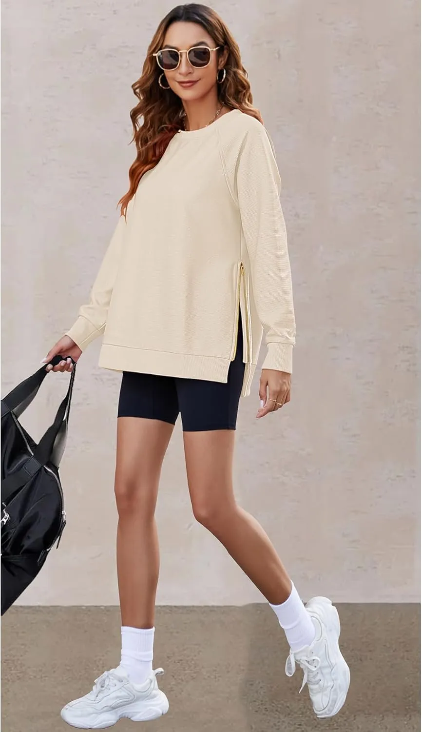 SimpleFun Womens Oversized Crewneck Sweatshirt Casual Side Slit Zipper Long Sleeve Fall Shirts Tunic Pullover Tops