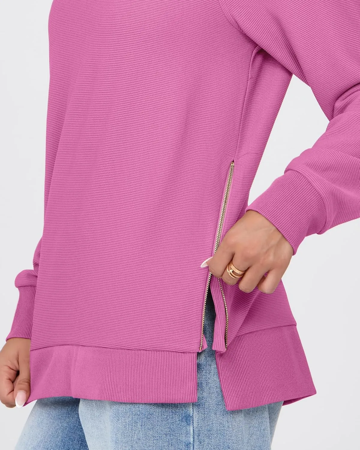 SimpleFun Womens Oversized Crewneck Sweatshirt Casual Side Slit Zipper Long Sleeve Fall Shirts Tunic Pullover Tops