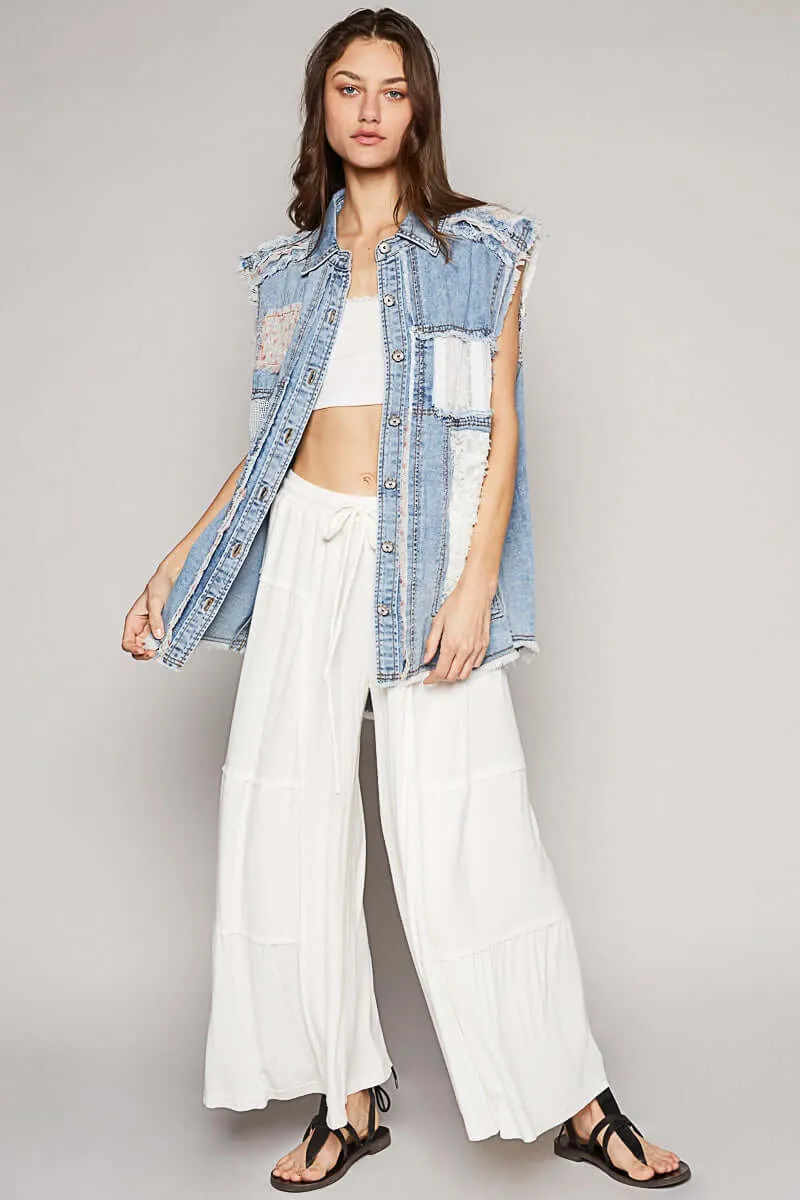 Sleeveless Crochet Lace Floral Patch Denim Vest