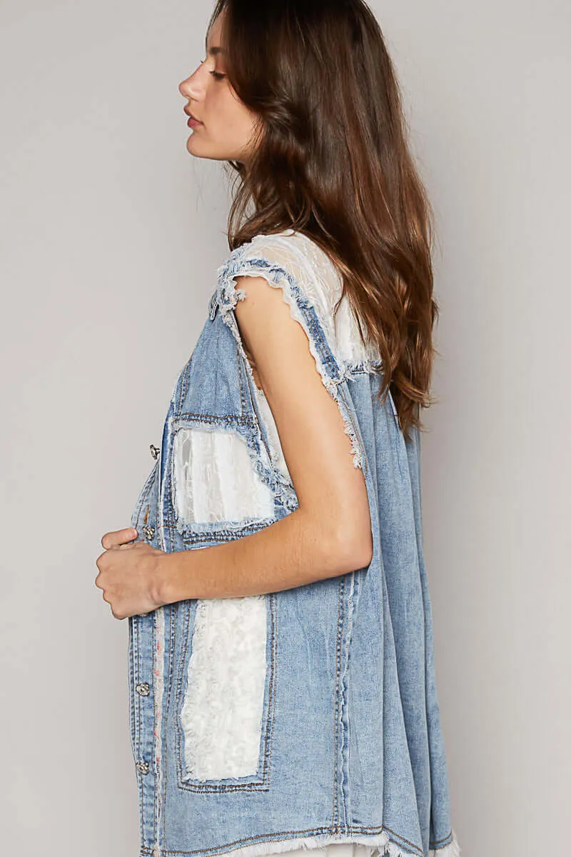 Sleeveless Crochet Lace Floral Patch Denim Vest